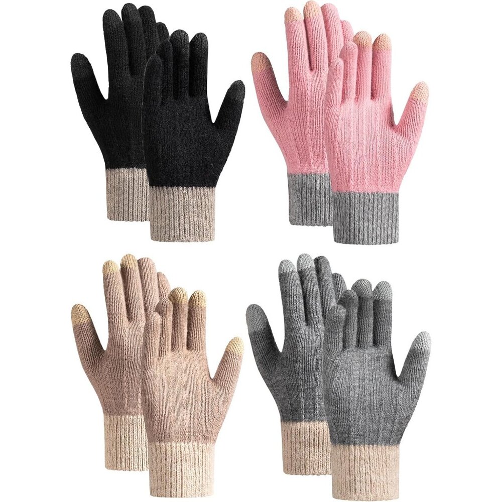 4 Pairs Winter Gloves for Women Touch Screen, Thermal Knit Warm Gloves with Elas